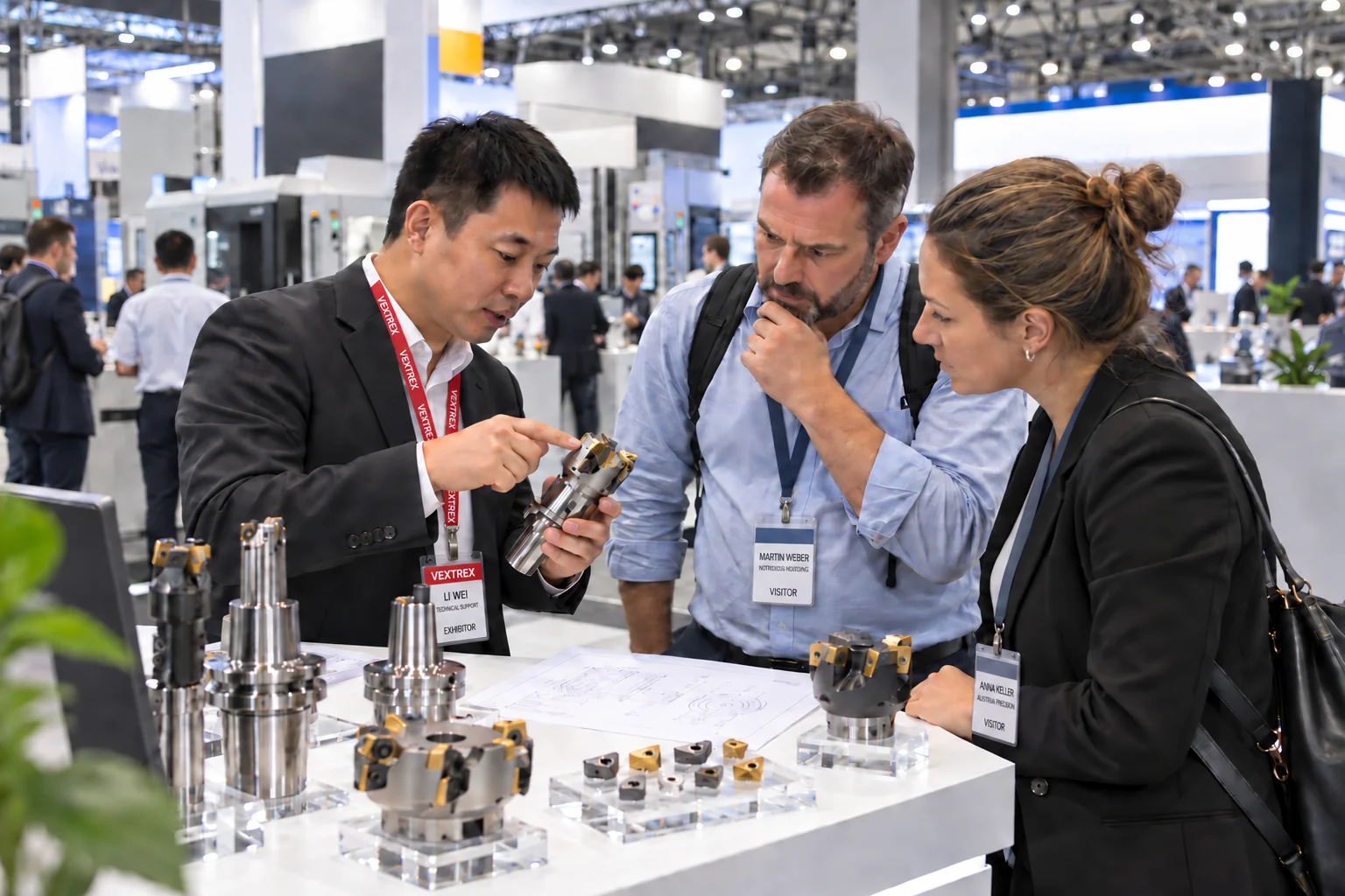 Vextrex representative discussing cutting tools with industrial buyers