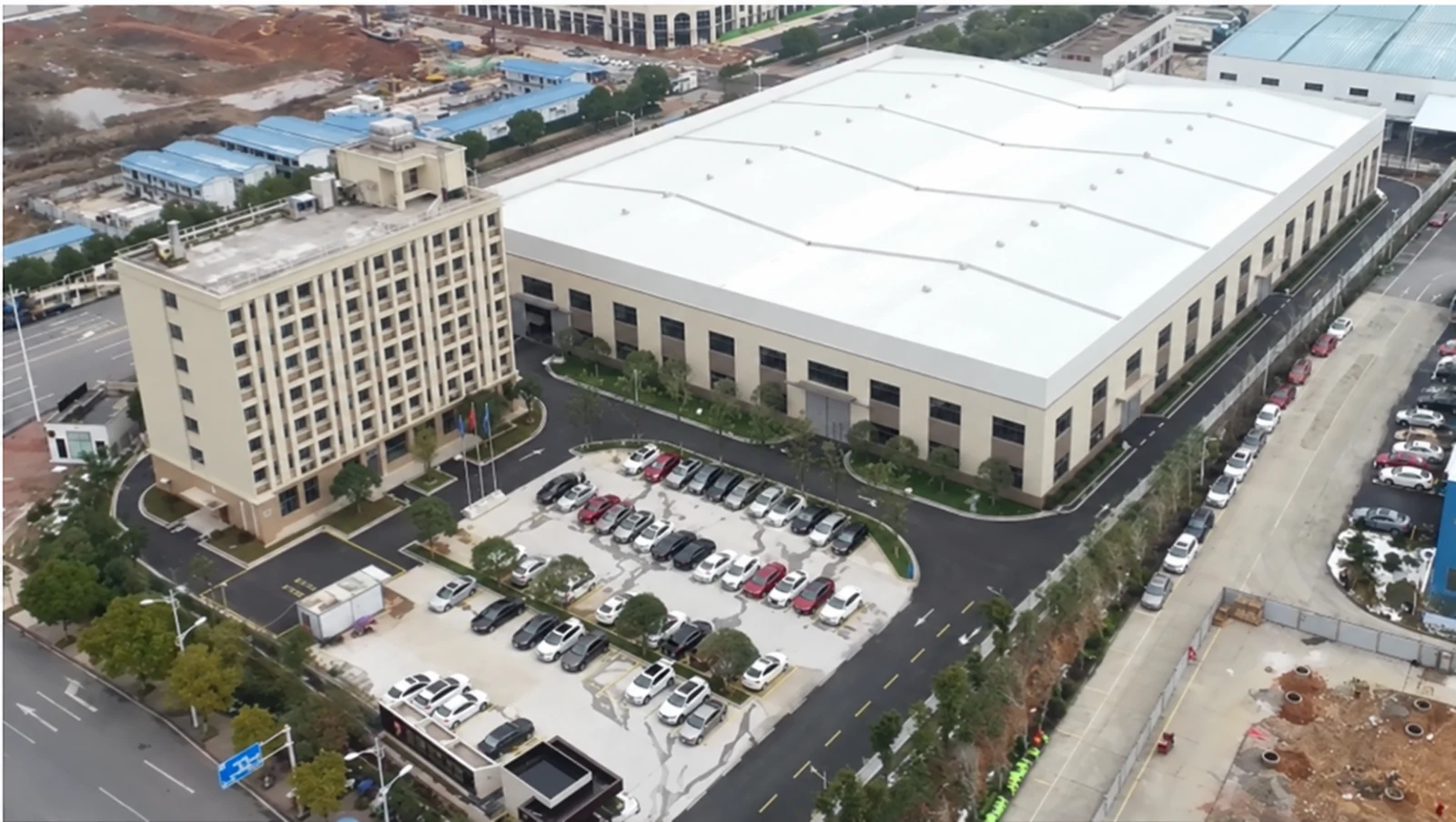 Aerial view of the Vextrex factory site, showing the production building and office building