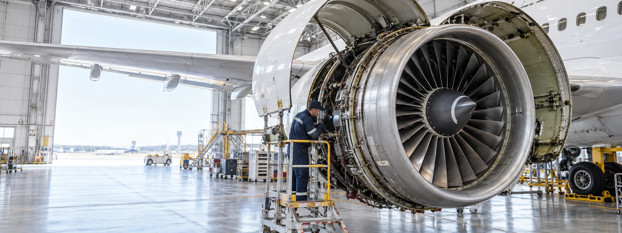Aircraft turbofan engine undergoing inspection in a bright aviation maintenance hangar