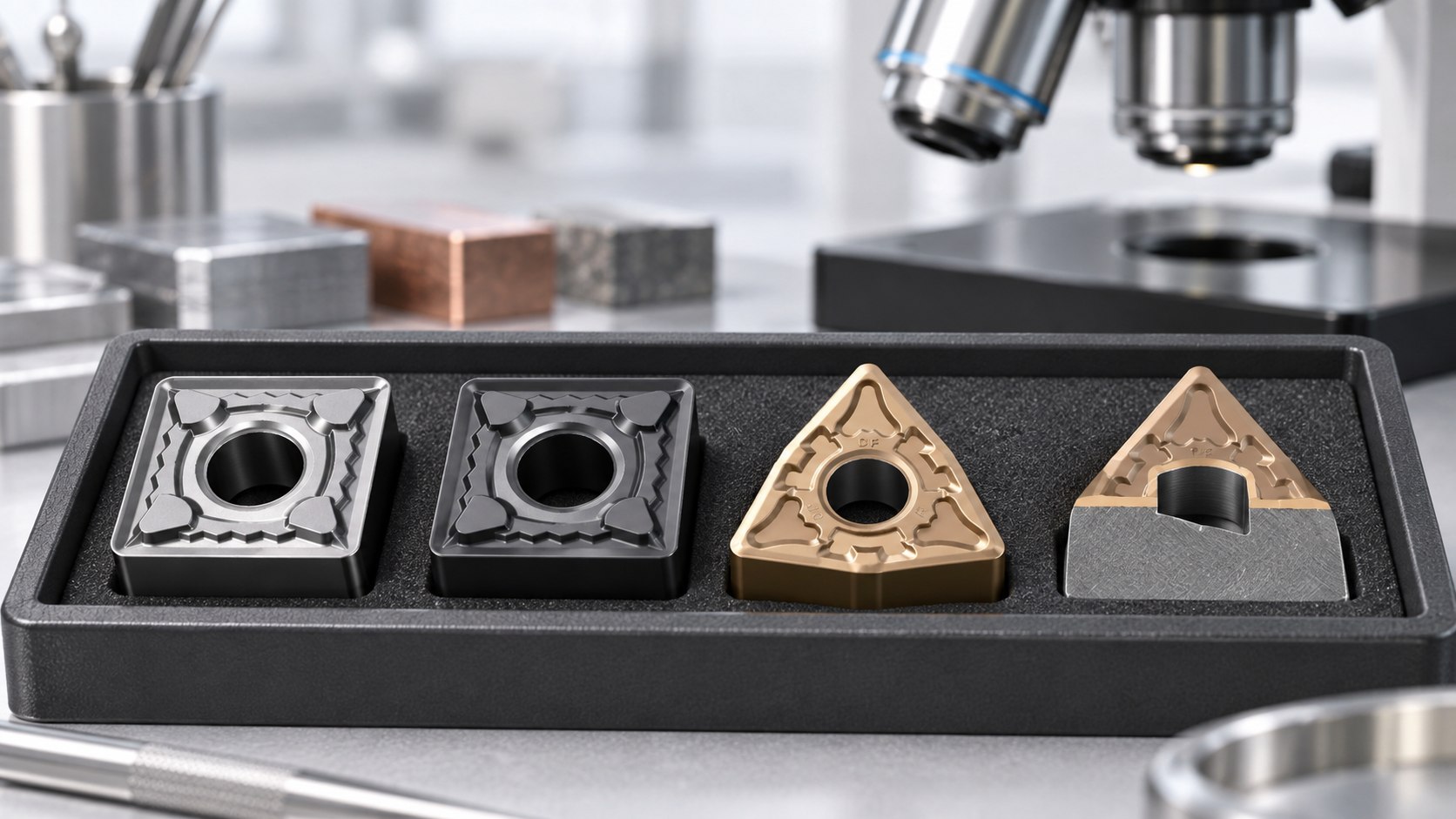 Carbide inserts in several surface and coating conditions on a metrology tray