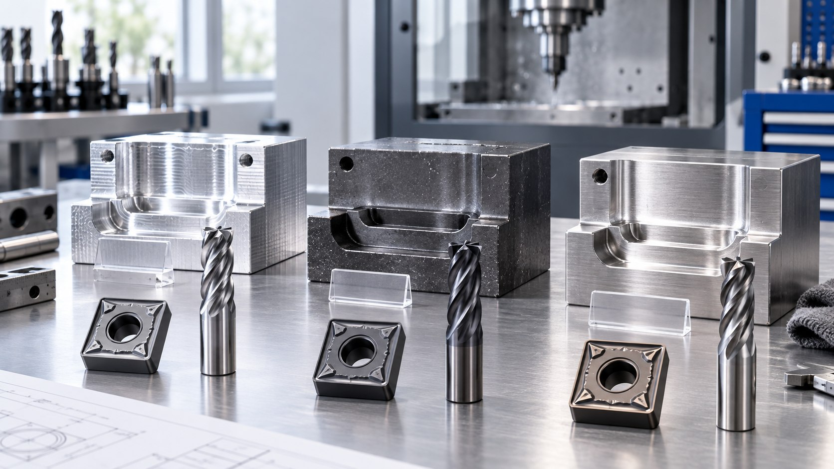 Machined aluminum, steel and stainless workpiece samples with carbide inserts and end mills
