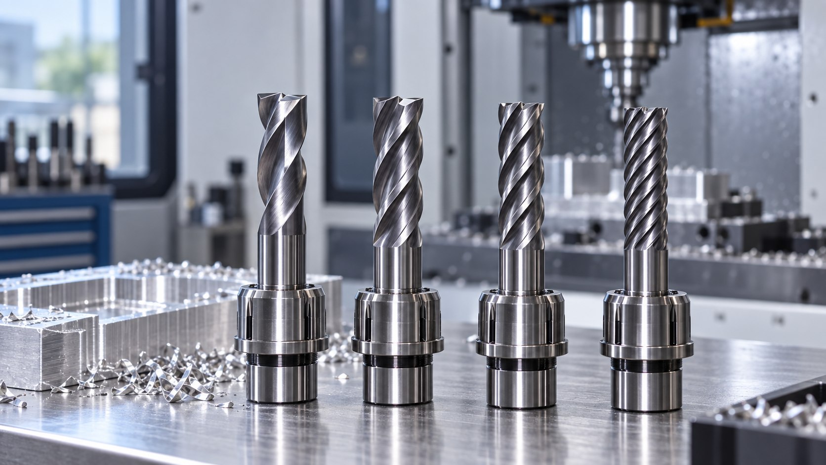 Four solid carbide end mills with progressively higher flute counts on a machining bench