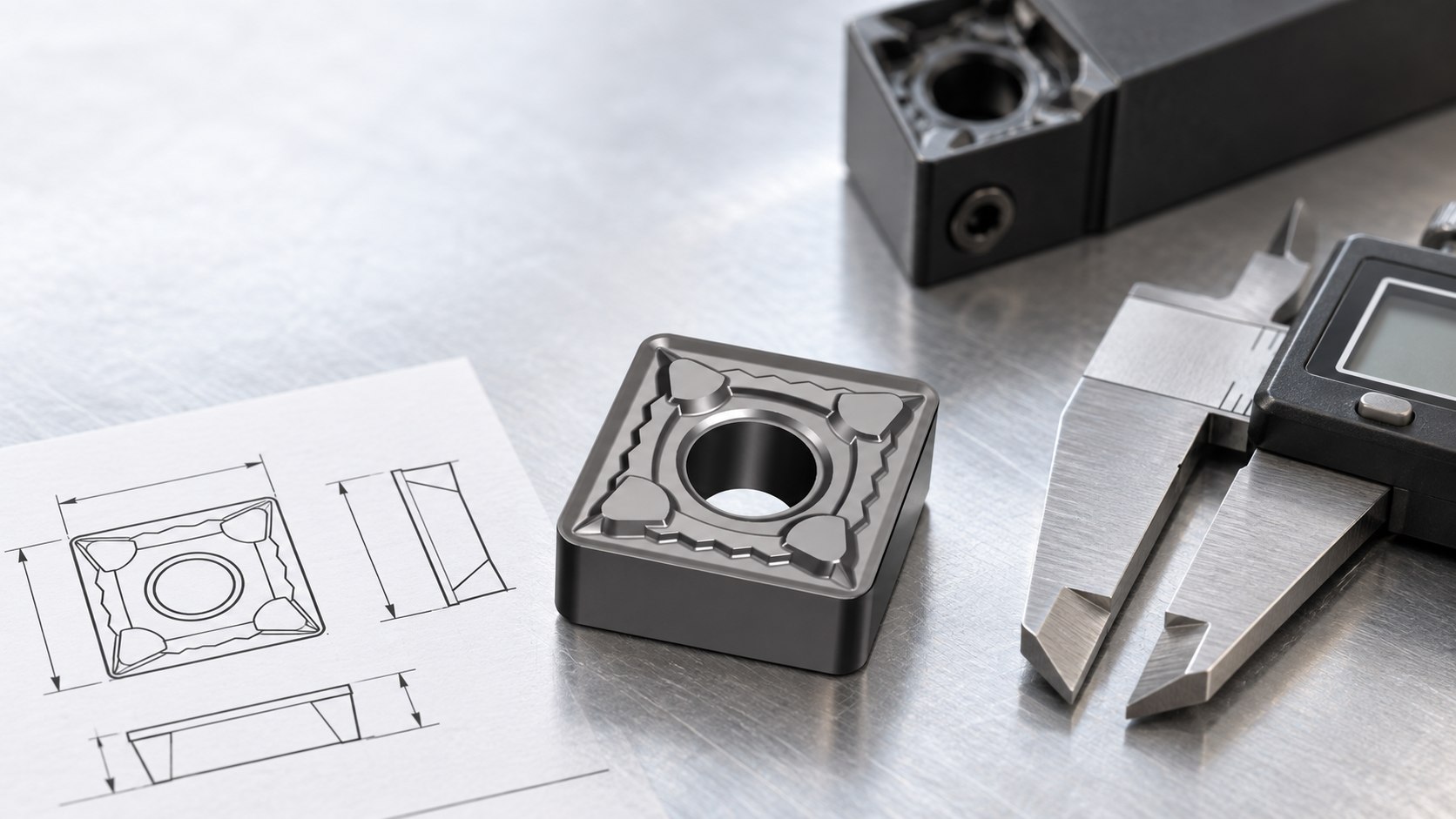 Indexable turning insert with caliper, holder and dimensional inspection drawing