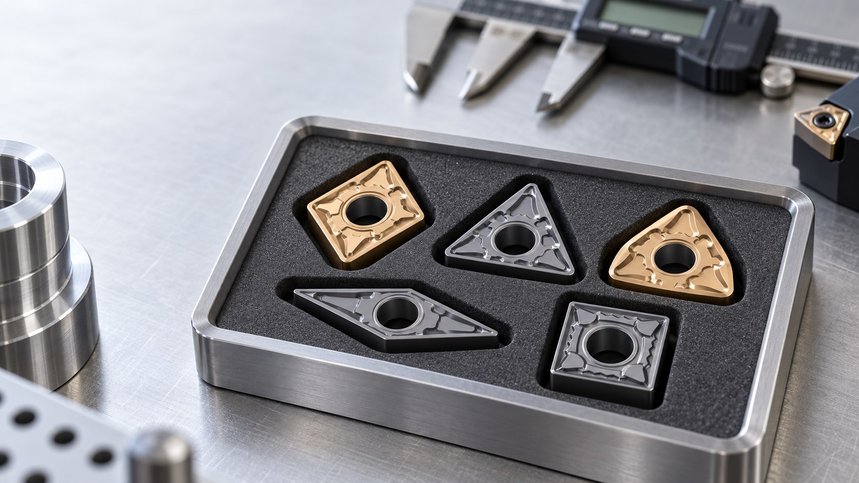 Five physically different indexable turning insert outlines arranged for geometry comparison