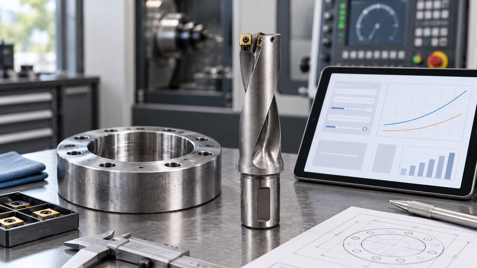 Indexable U-drill beside a machined ring and an engineering calculation display