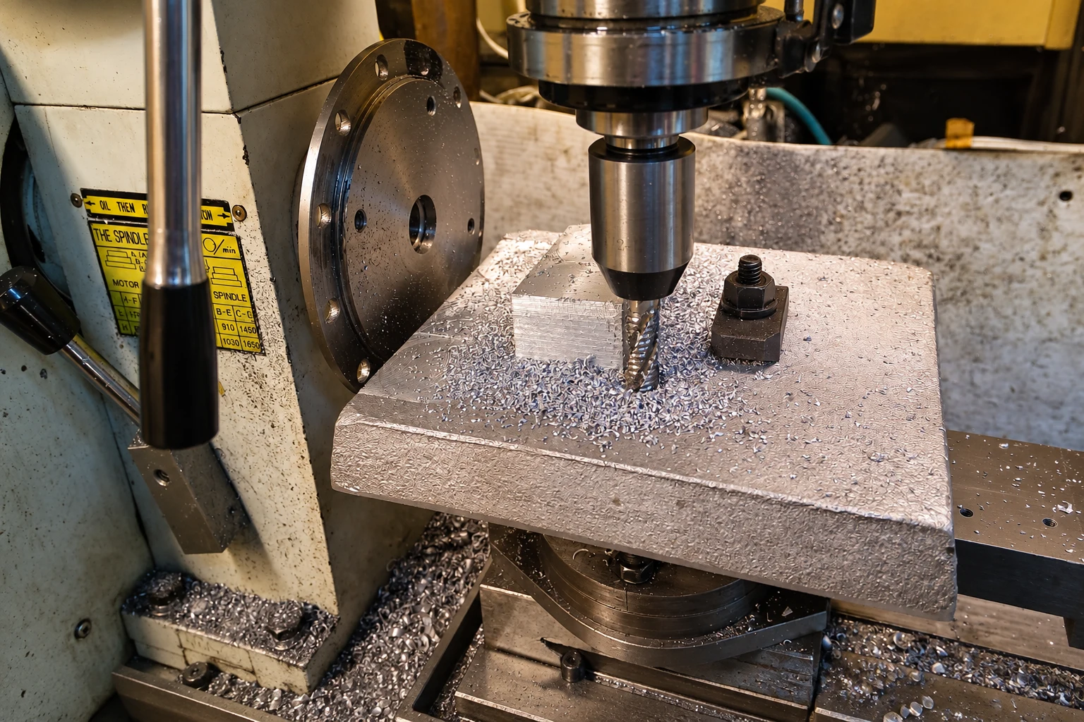 Roughing end mill machining an aluminum workpiece in a workshop; photo-based editorial edit