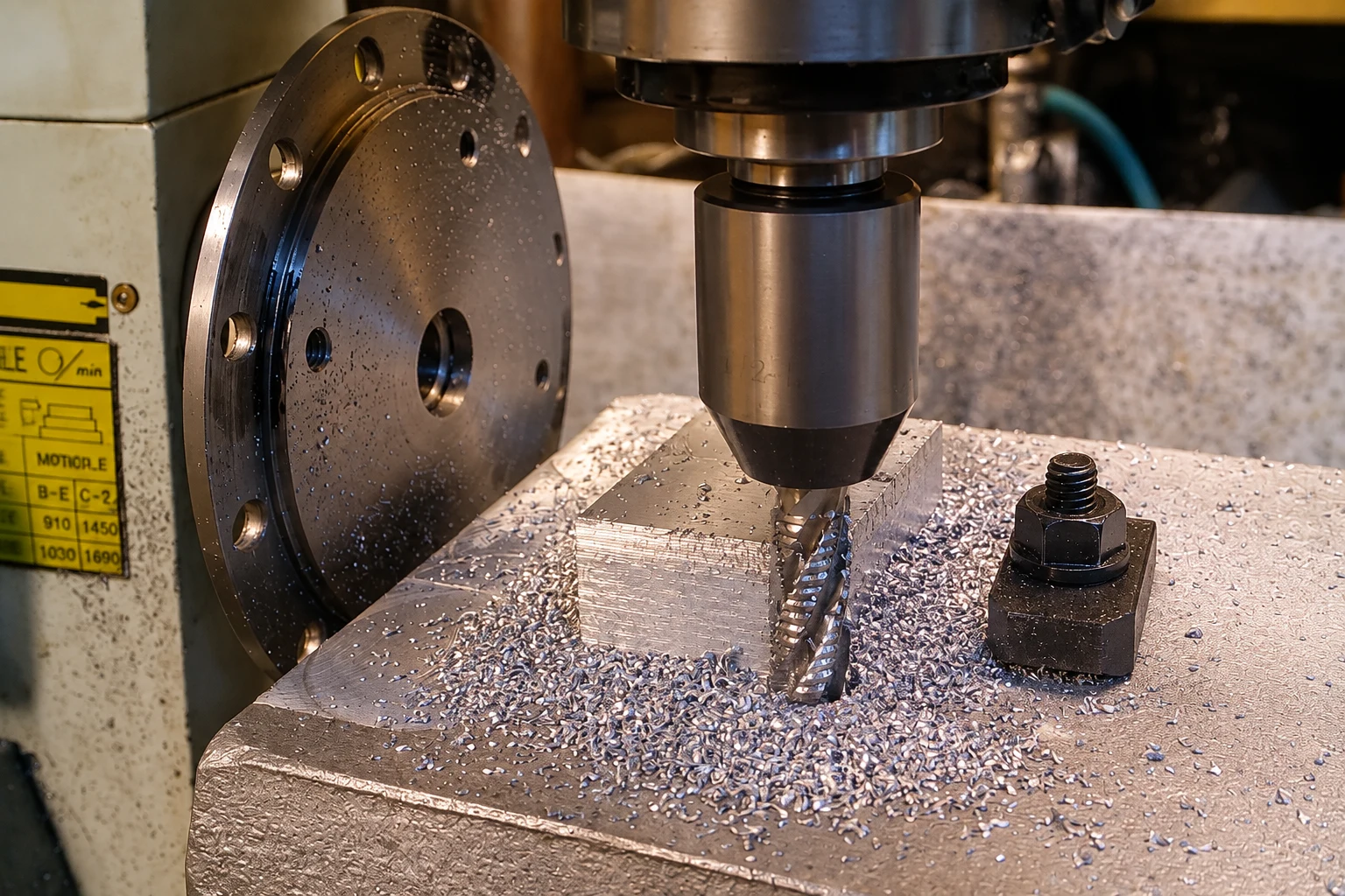 Close view of a milling spindle, end mill and workpiece; photo-based editorial edit