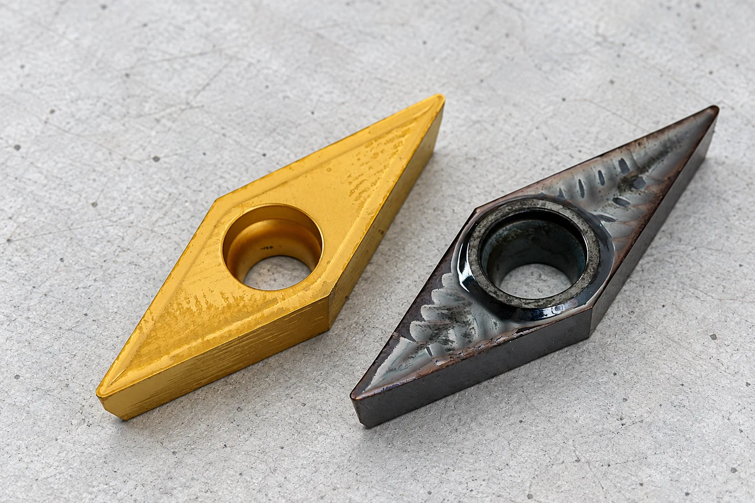Two photographed rhombic turning inserts with worn gold and grey surfaces, editorially rendered