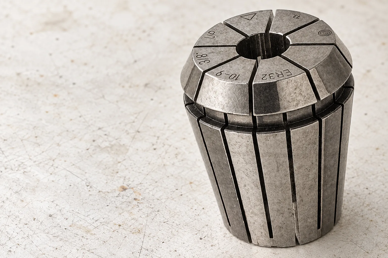 Slotted ER collet with visible machined texture and extraction groove, editorially rendered