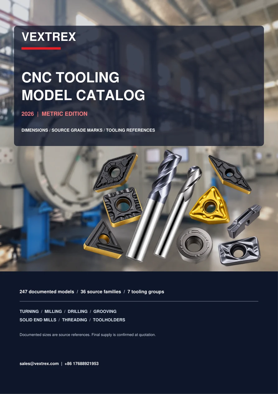 Cover of the Vextrex 2026 CNC Tooling Model Catalog with workshop photograph