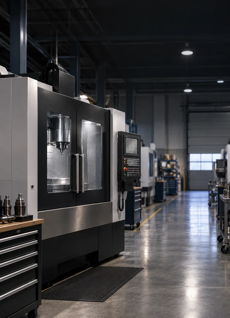 Illustrative CNC machining workshop with closed machine enclosures