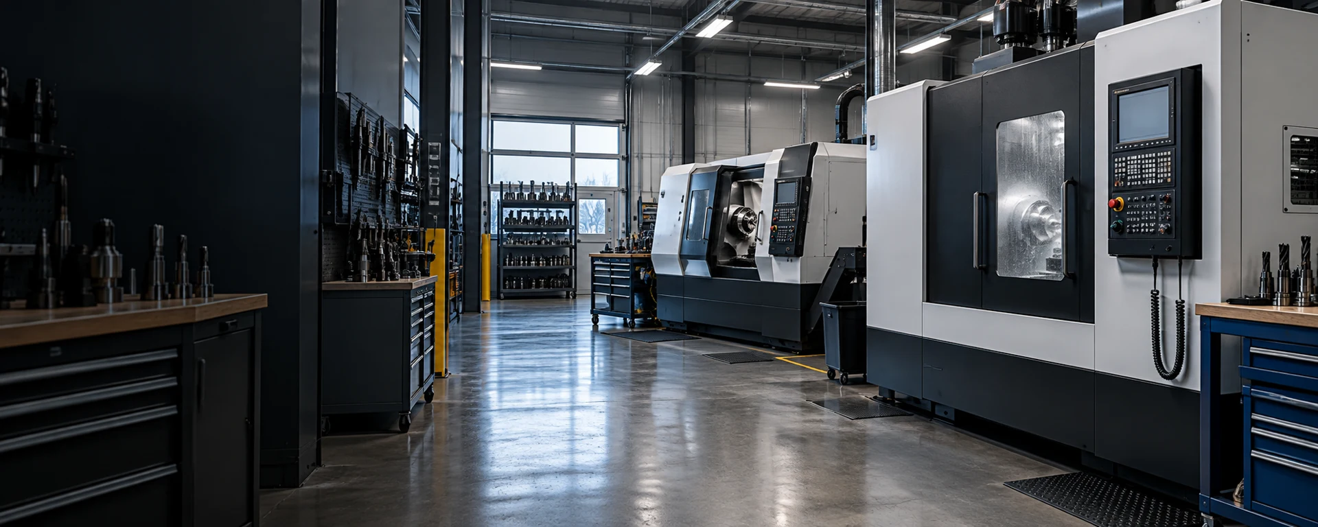 Illustrative CNC machining workshop with closed machine enclosures