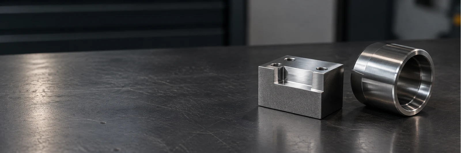 Face-milled steel block and turned sleeve on a dark bench