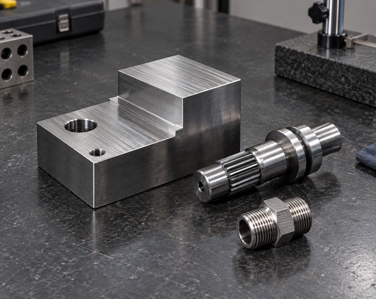 Face-milled block, grooved shaft and threaded fitting on an inspection bench