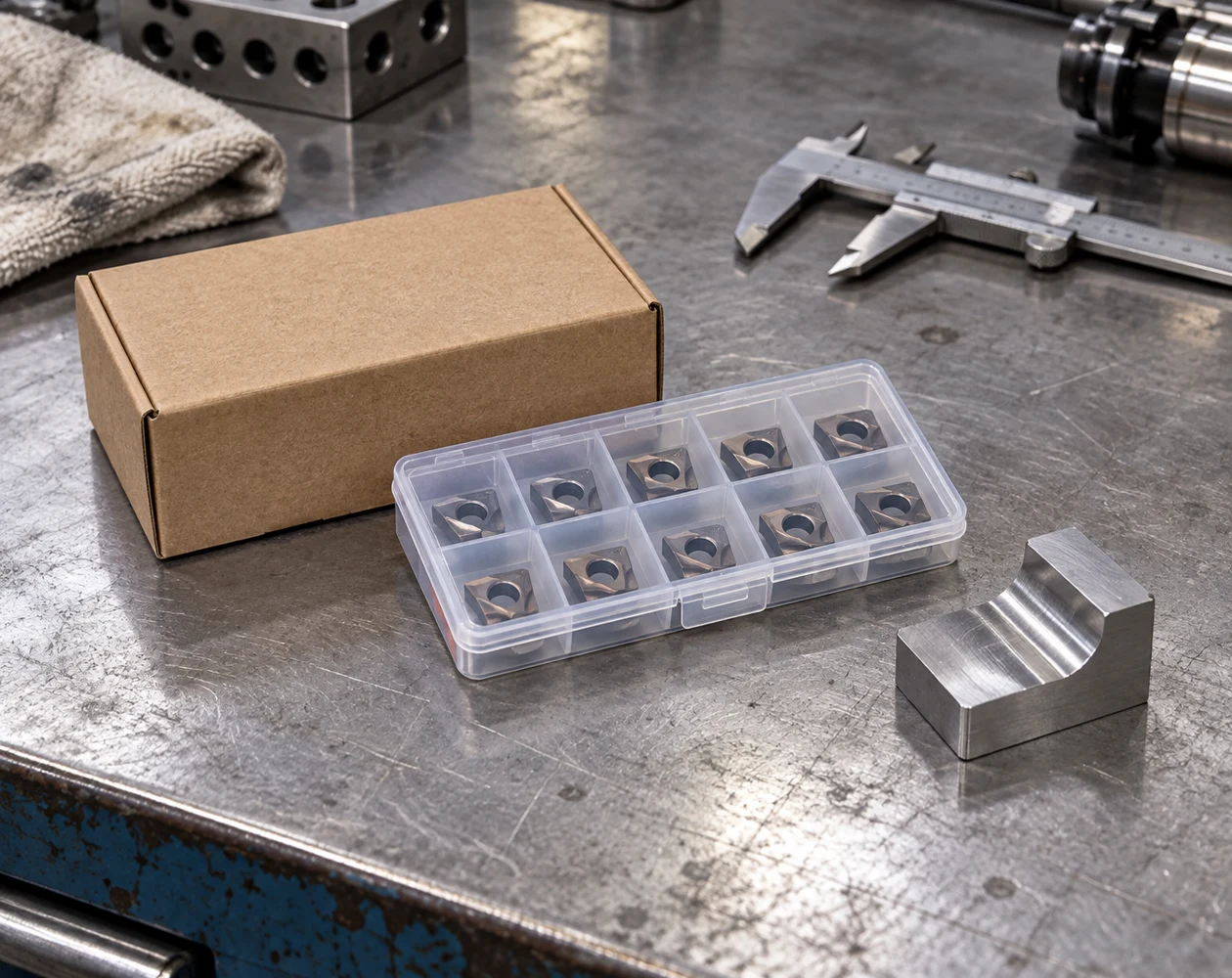 Plain packaging box, compartmented insert case and machined sample