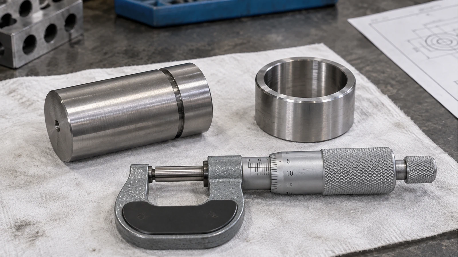 Grooved cylindrical sample, sleeve and closed outside micrometer