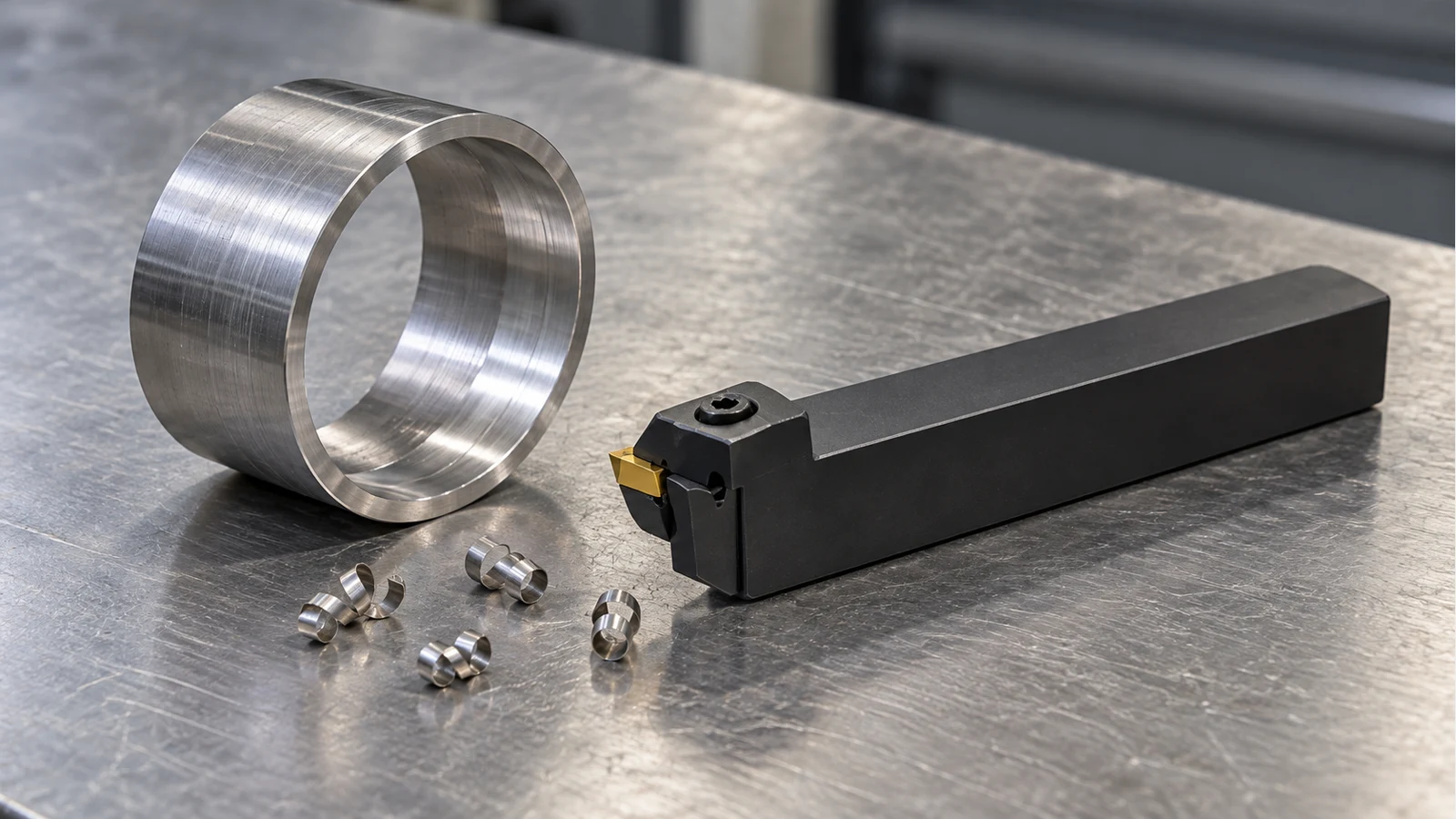 Parting blade beside a thin-walled ring and chip curls