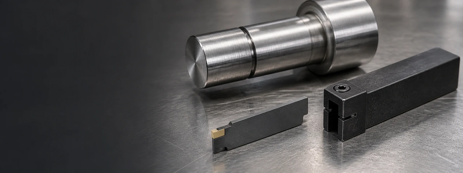 Parting tool and grooving holder beside a grooved steel shaft