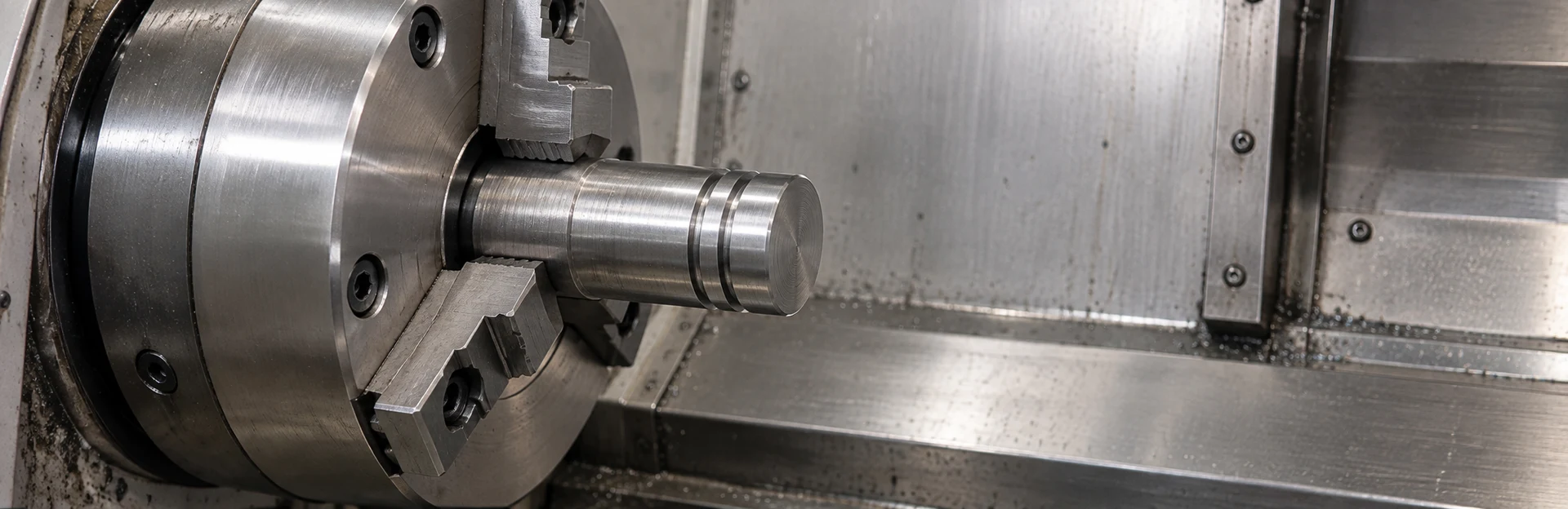 Stationary lathe chuck gripping a shaft with circumferential grooves