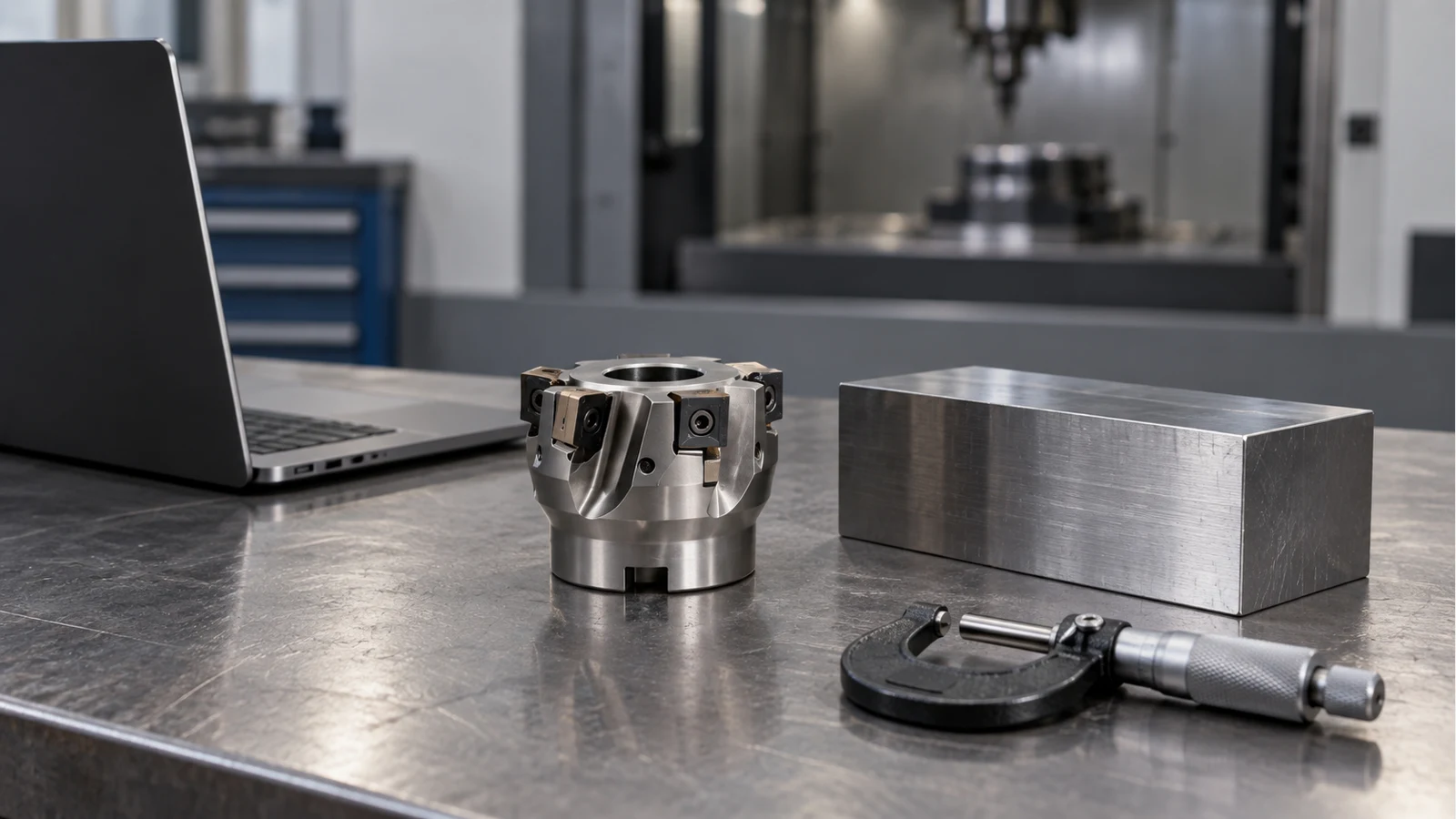 Indexable milling cutter and steel sample on a technical planning bench
