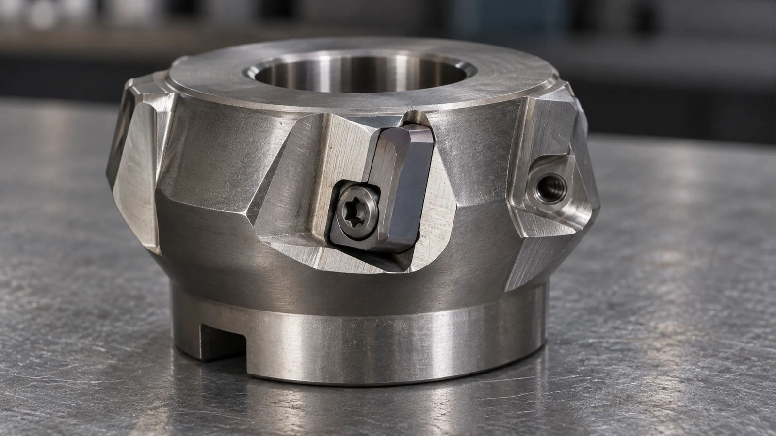 Screw-clamped milling insert and adjacent empty pocket in a cutter body