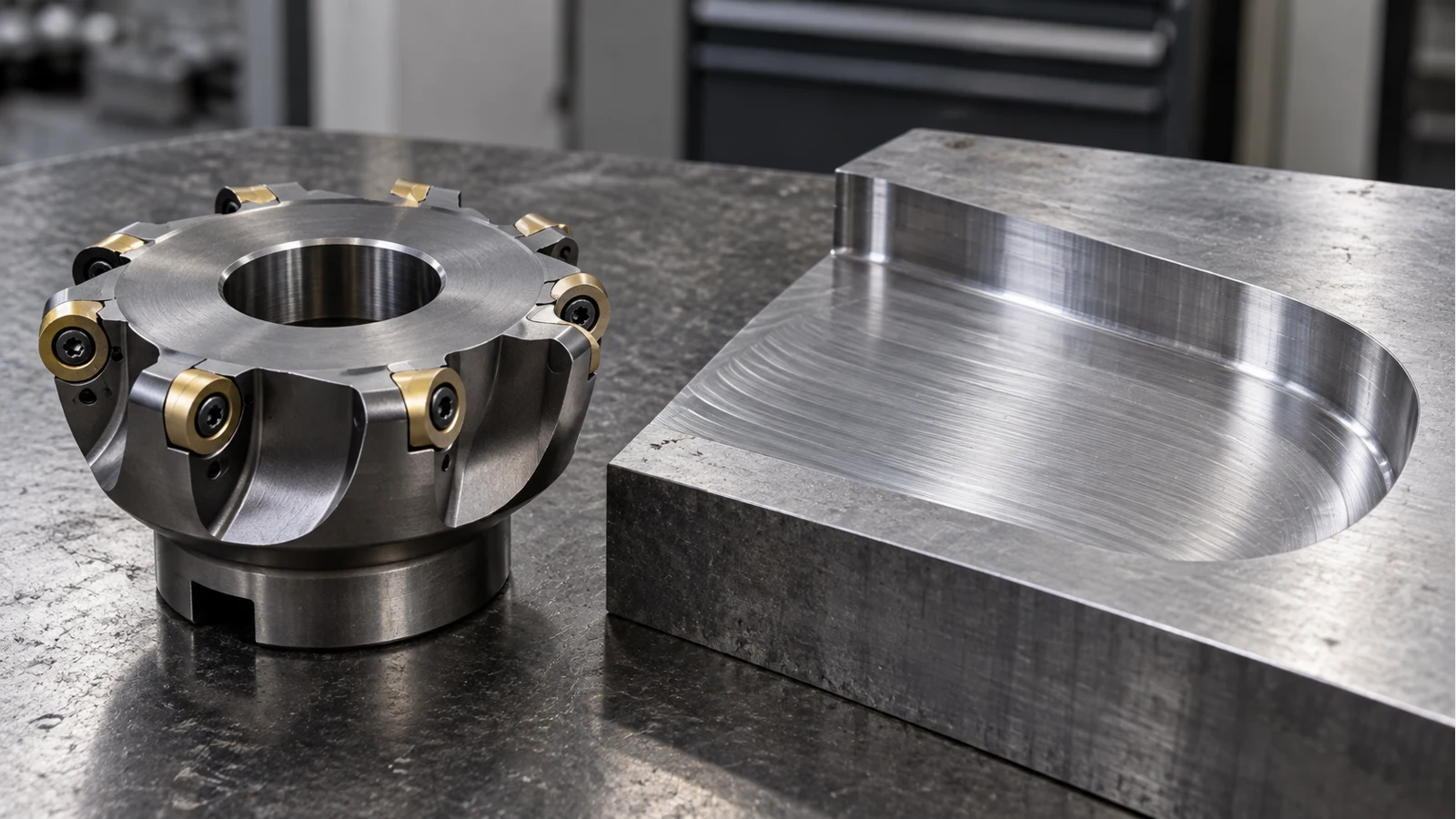 Round-insert face mill beside a shallow curved milled pocket