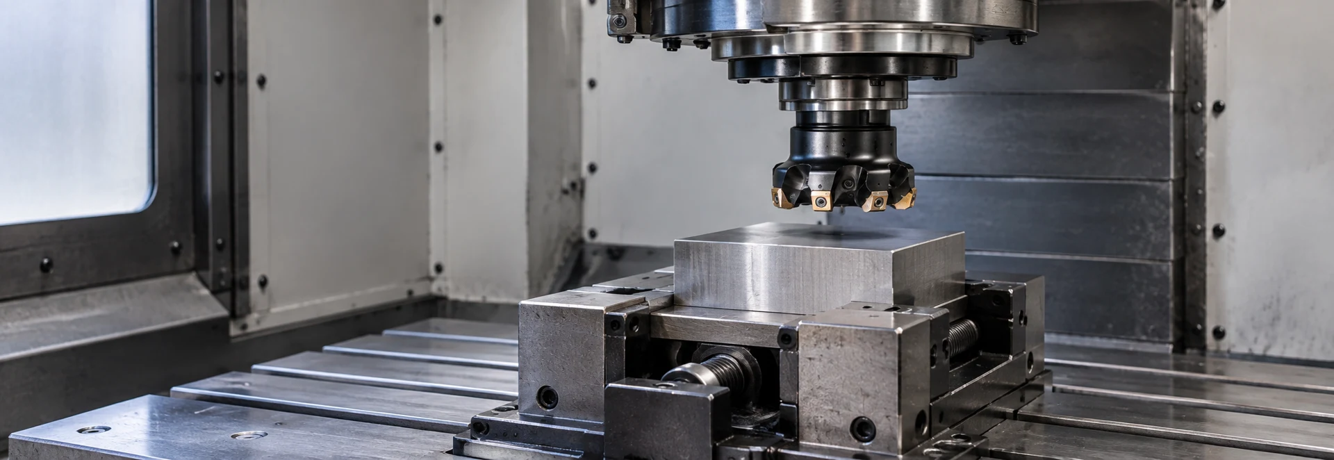 Stationary face mill above a securely clamped steel block