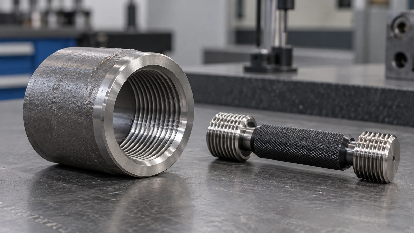 Internally threaded component beside a separate thread plug gauge