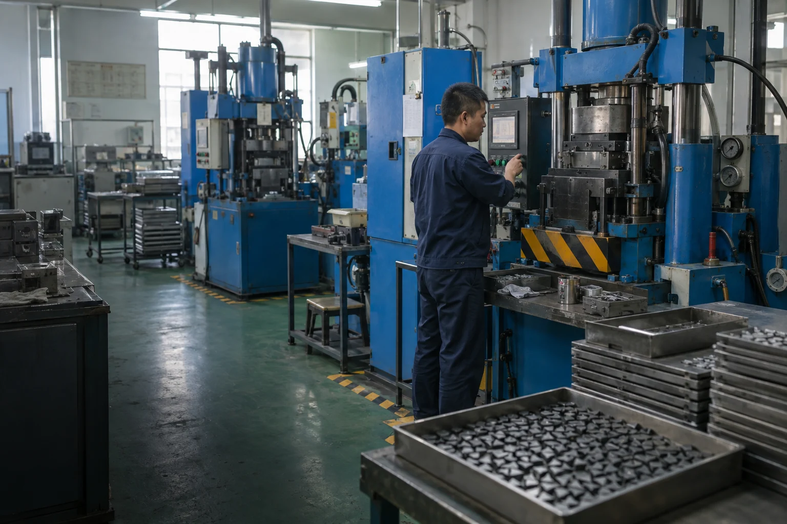 Carbide insert pressing workshop with production equipment and operators