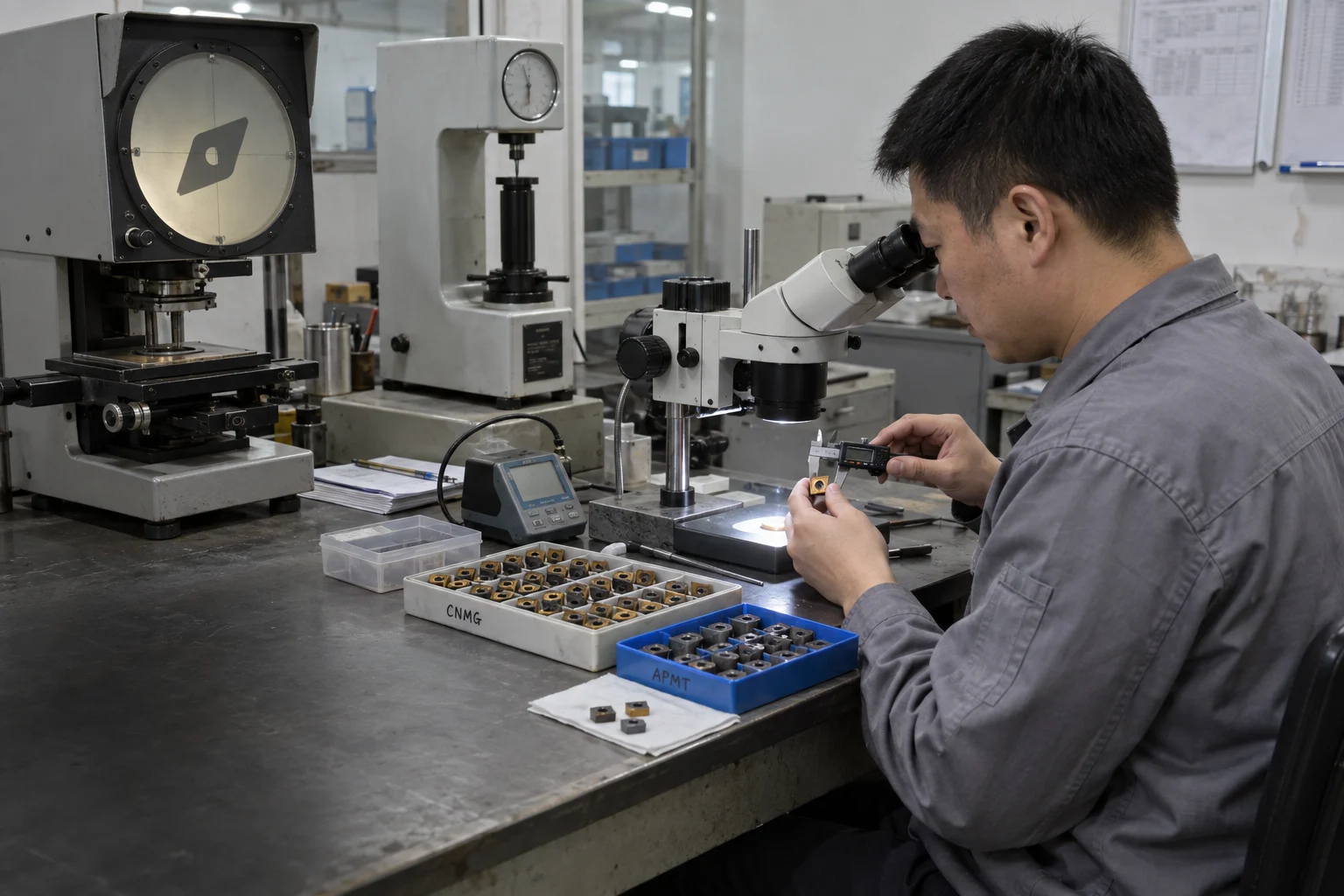Cutting insert inspection using measuring equipment at a quality workbench