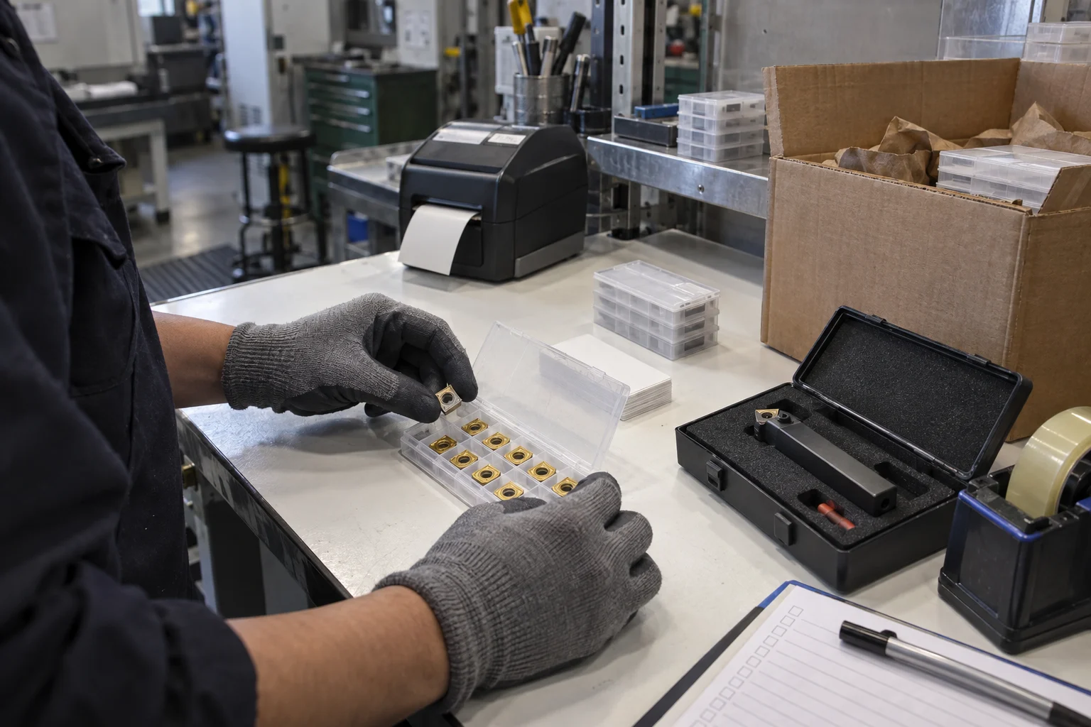 Workers packing carbide inserts into small cases beside a label printer and cartons