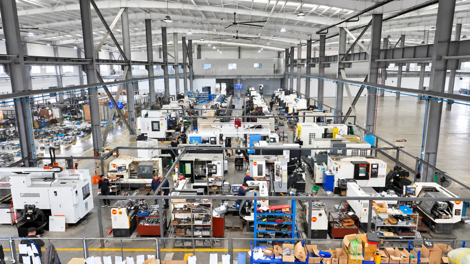 Wide view of the manufacturing workshop and machine rows