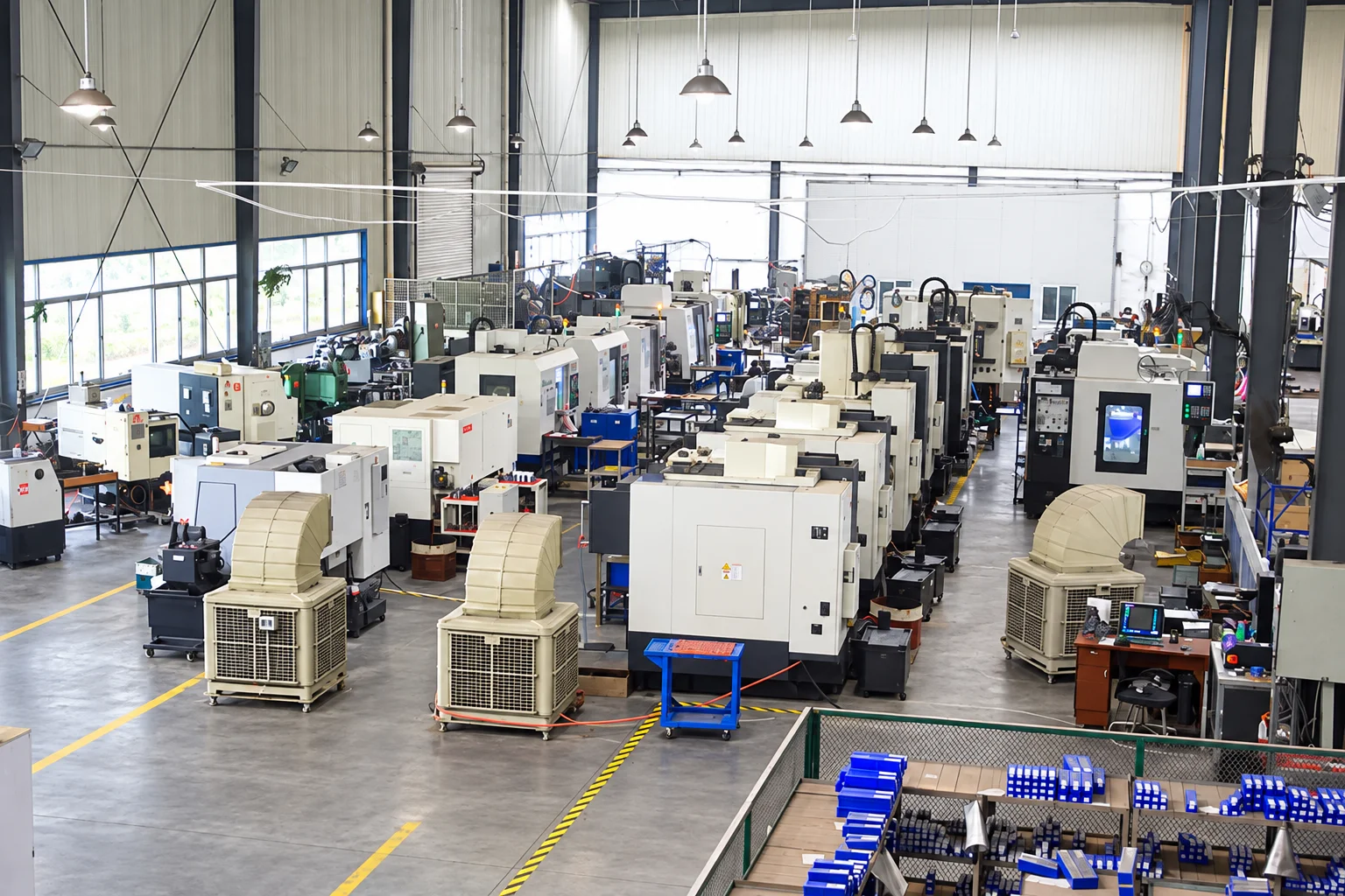 CNC equipment and production floor from an elevated view