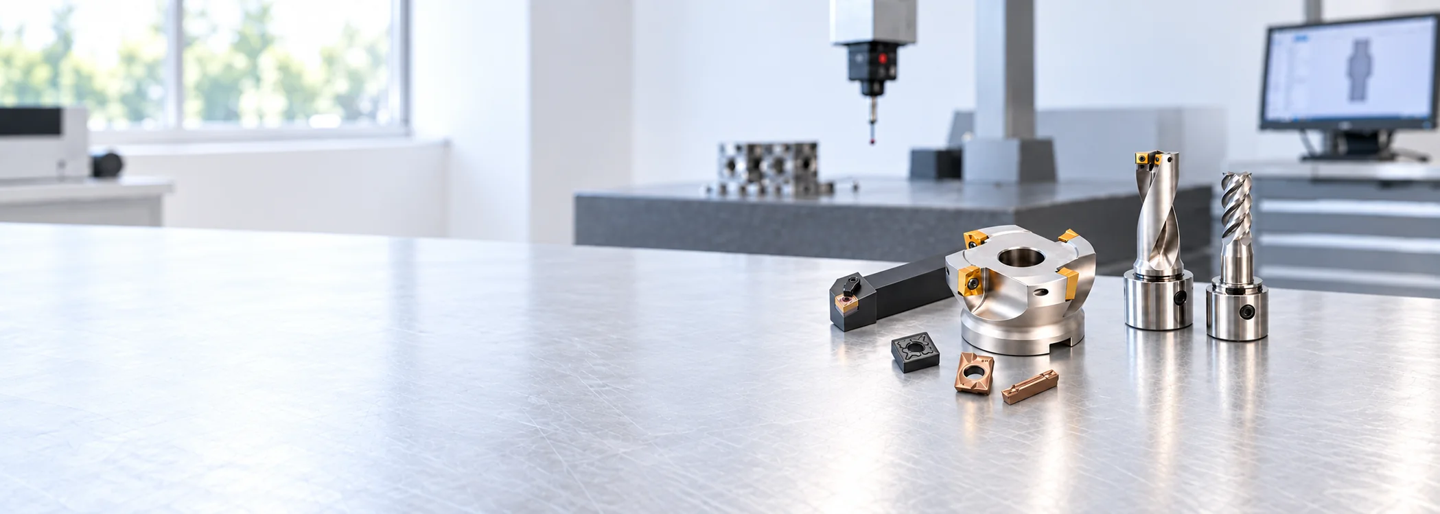 CNC cutting tools on an inspection workbench: carbide turning and milling inserts, grooving insert, turning holder, indexable cutter, drill and end mill