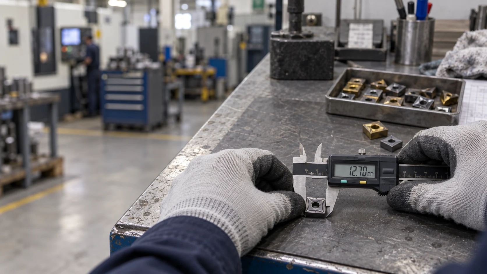 Digital caliper beside a carbide insert on a workshop inspection bench