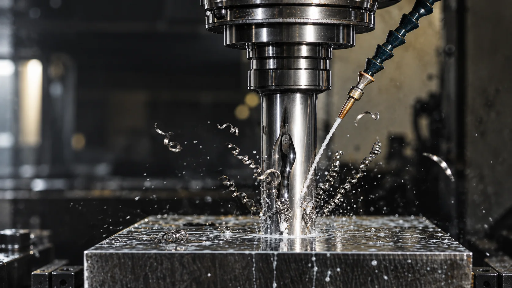 CNC drilling operation on a metal block with through-tool coolant