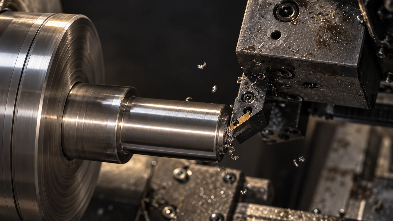 Lathe grooving tool cutting a narrow groove in a steel shaft