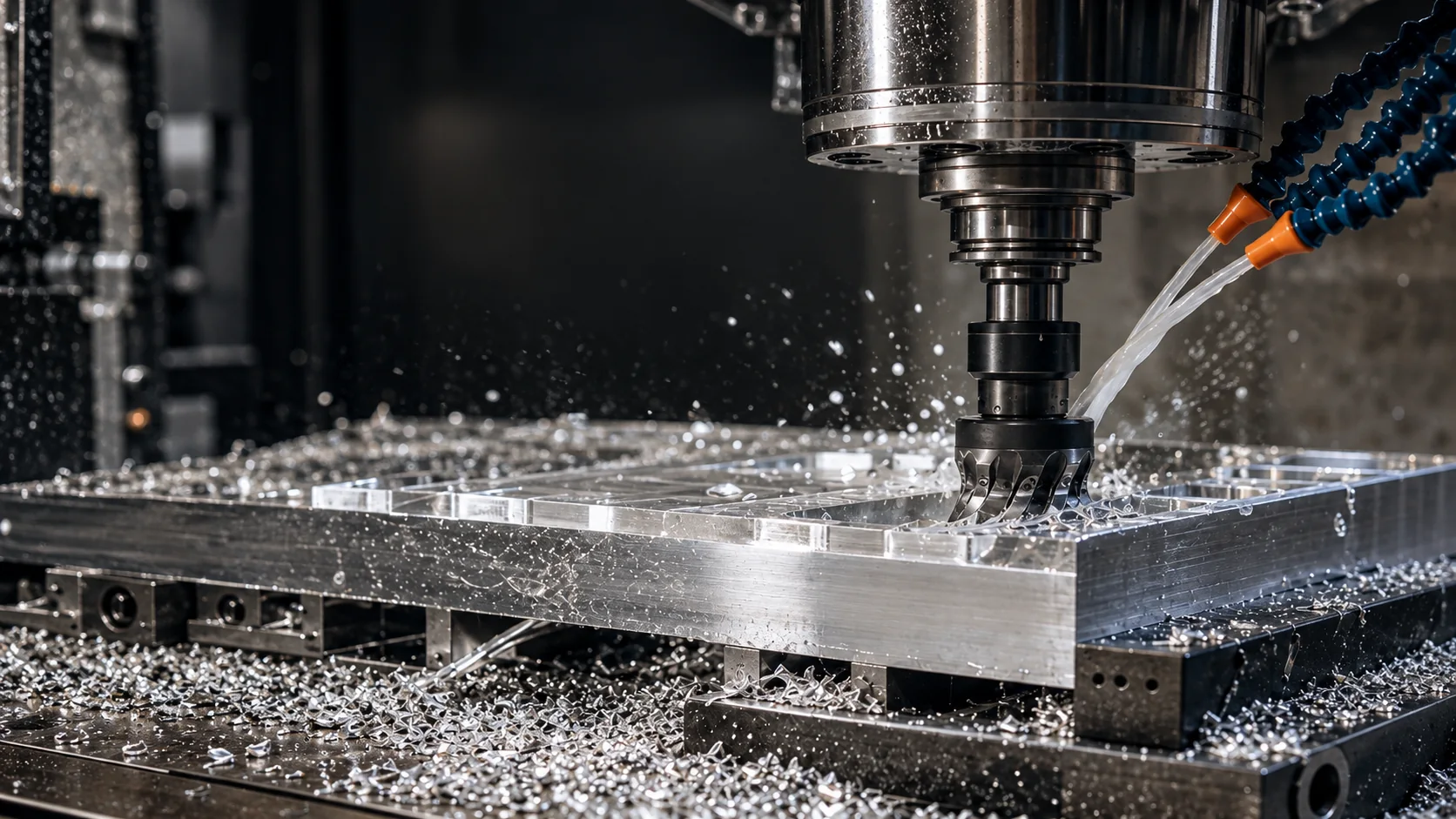 Indexable face mill machining an aluminum workpiece with coolant