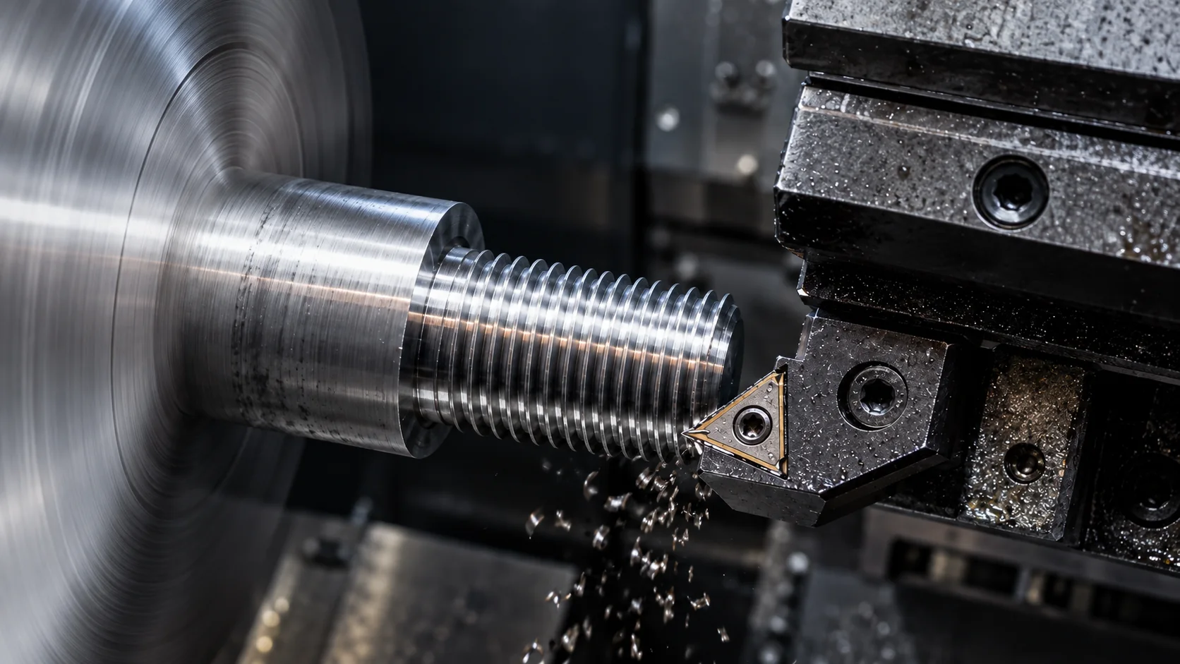 External thread being cut on a CNC lathe with a threading insert