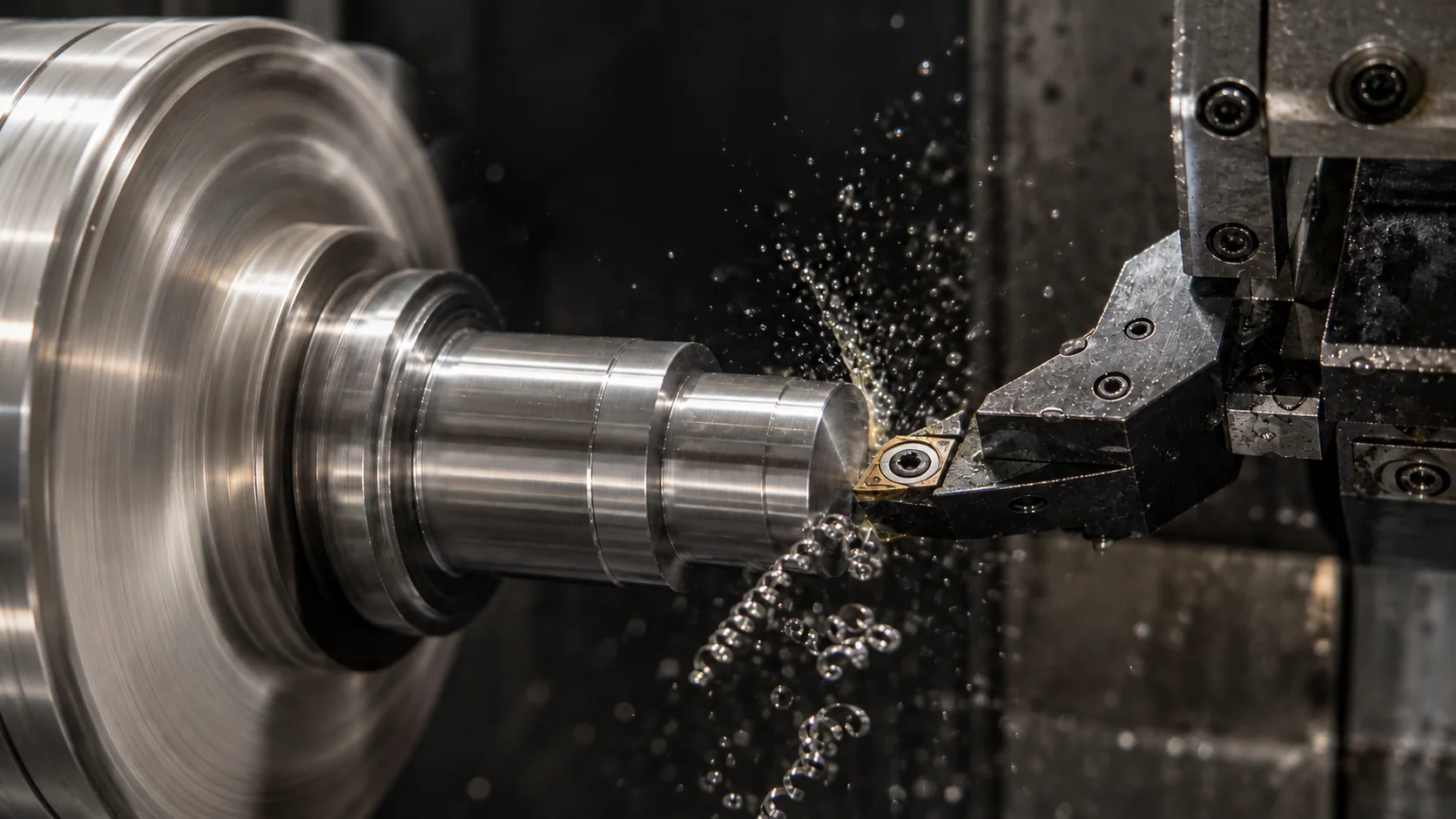 CNC lathe turning a stepped steel shaft with an indexable insert