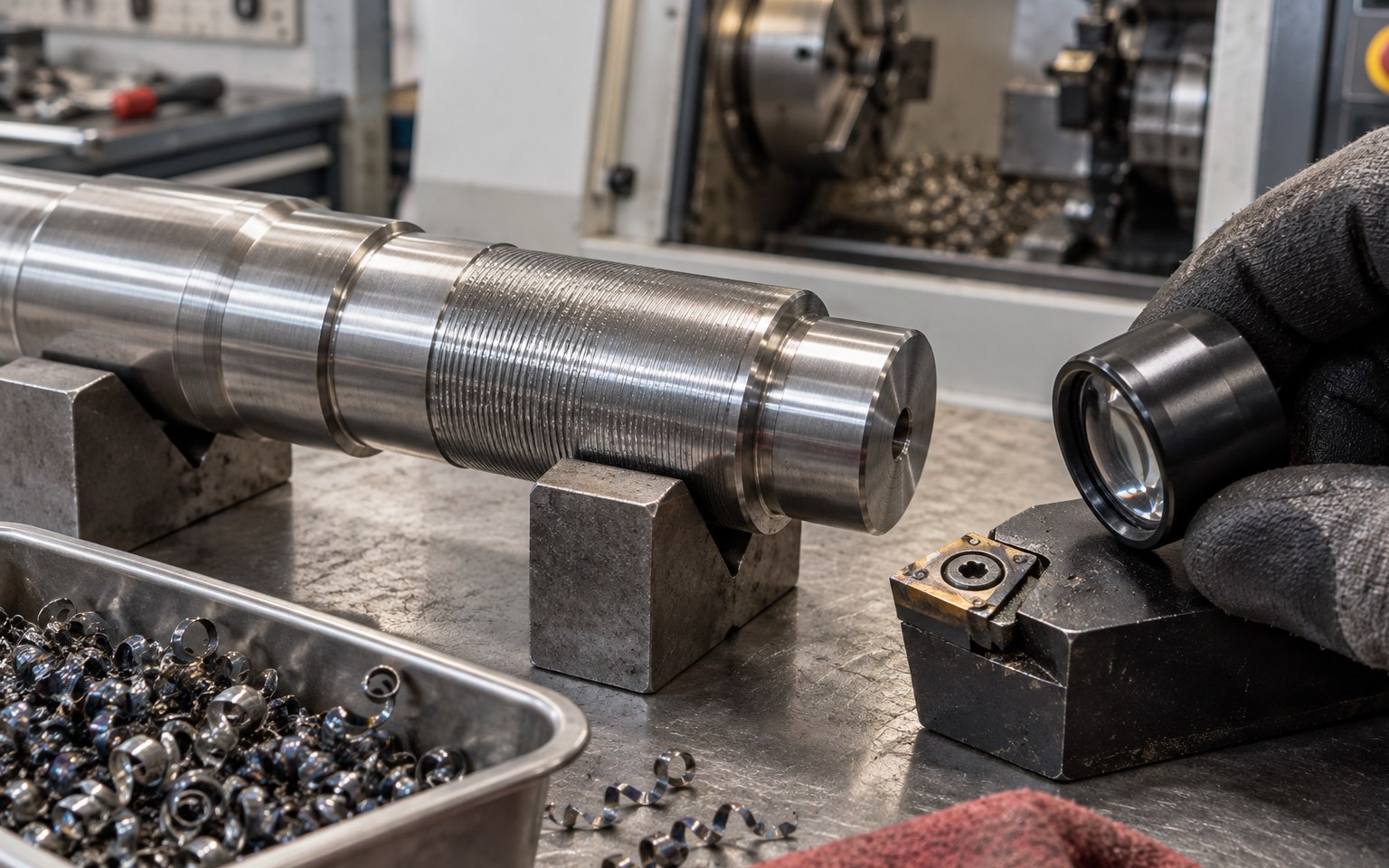 Turned shaft surface and used insert being inspected to diagnose a machining problem