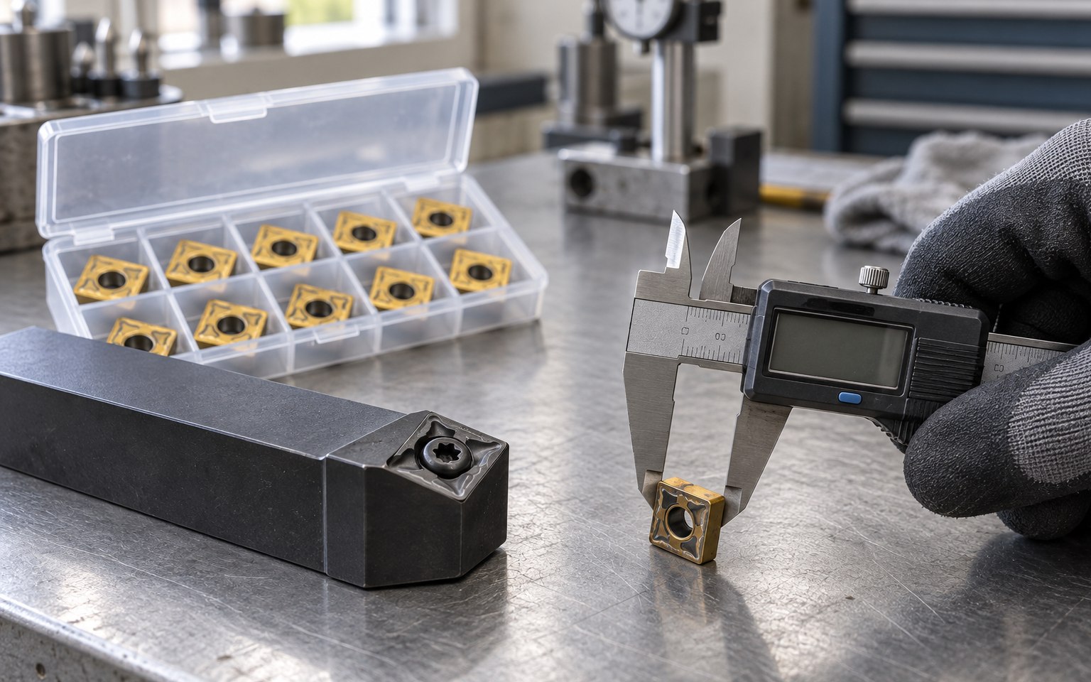 Turning holder and carbide insert being measured for a replacement match