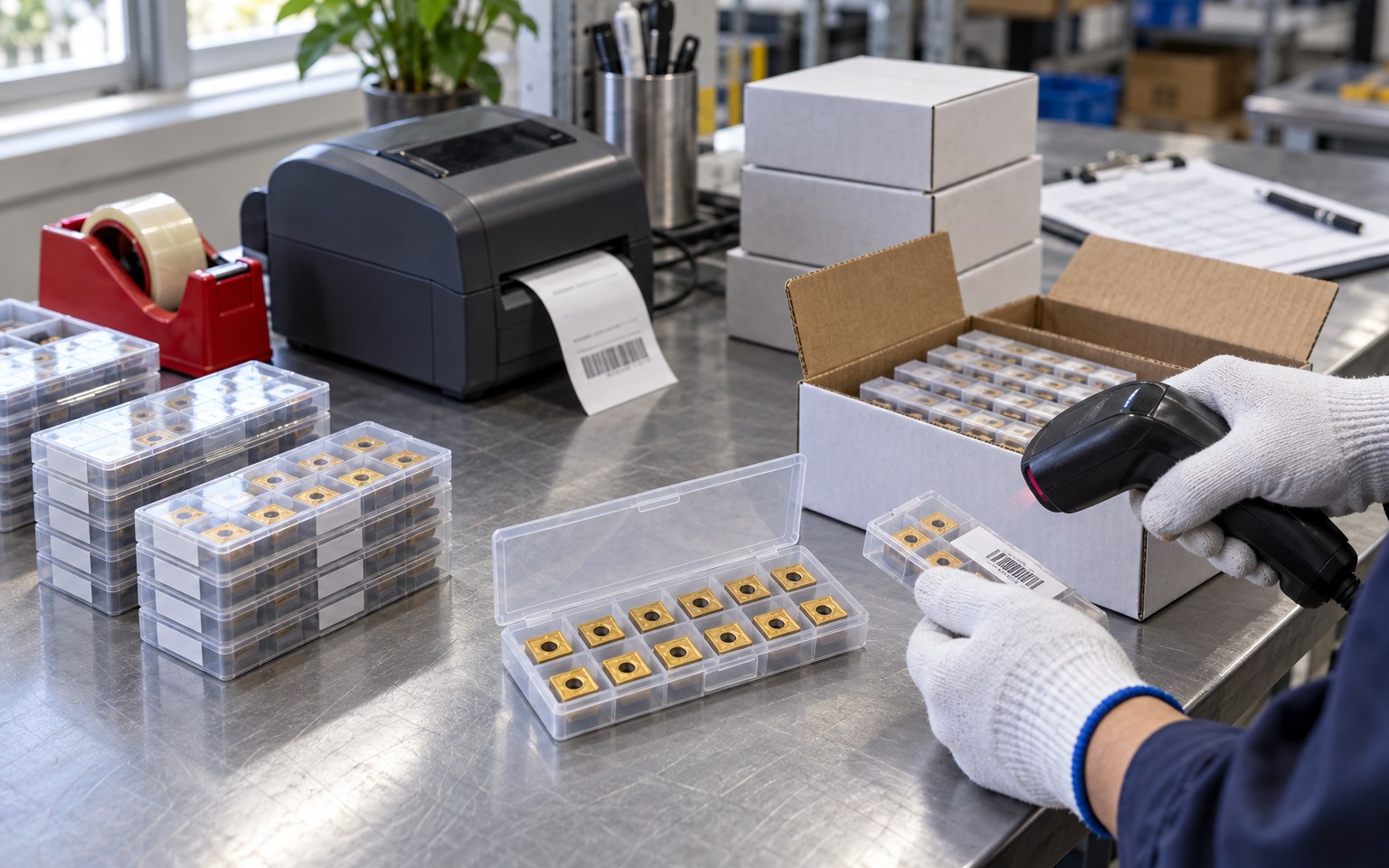 Carbide insert cases being counted and scanned for a repeat order