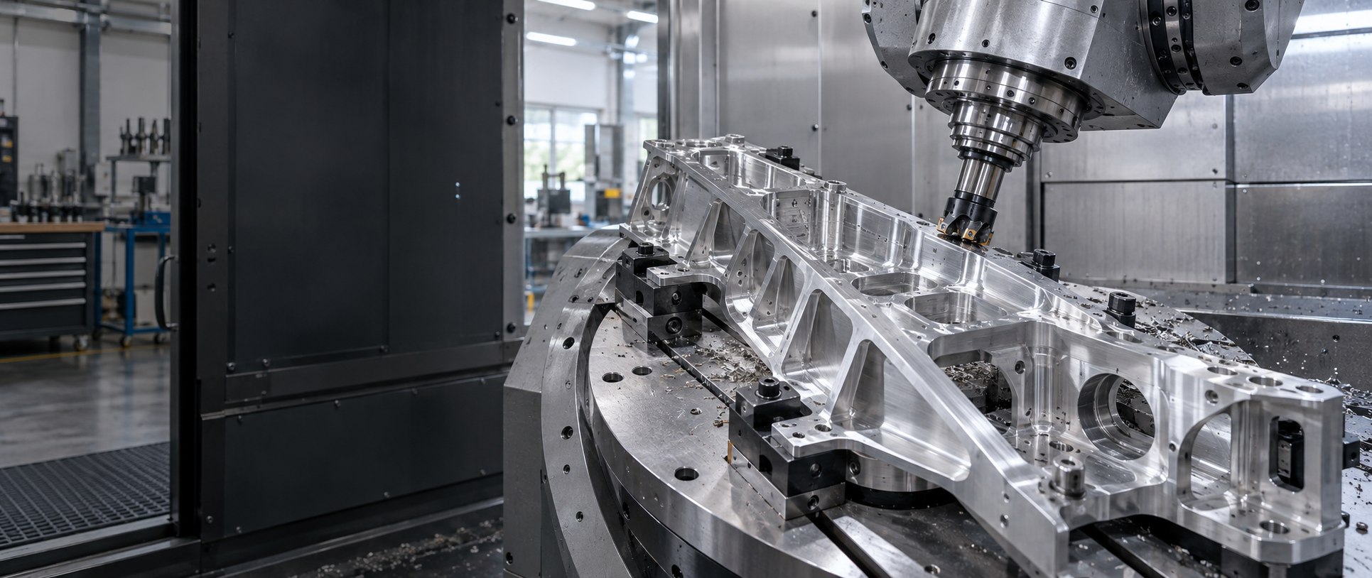 Five-axis milling of a large aluminum structural component in a CNC machining center