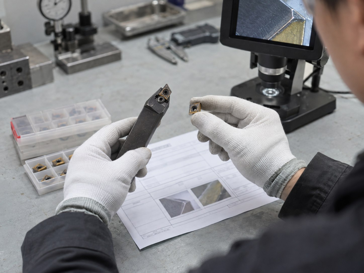 Technician comparing a used carbide insert with a replacement beside inspection equipment